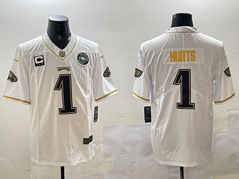 Men Philadelphia Eagles #1 Hurts White gold Throwback 2025 Nike Vapor Limited NFL Jersey style 3
